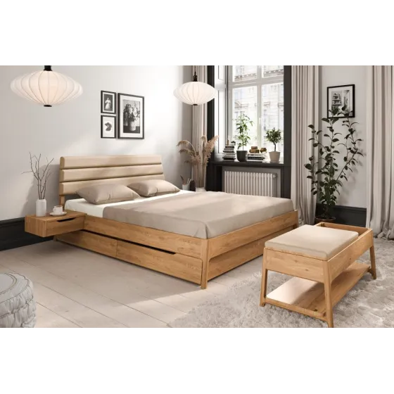 Lit bois tiroir tête de lit capitonée beige collection TWIST