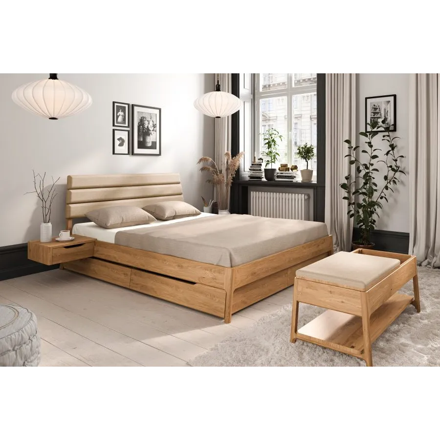 Lit bois tiroir tête de lit capitonée beige collection TWIST