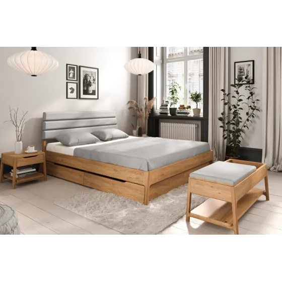 Lit bois tiroir tête de lit capitonée gris clair collection TWIST