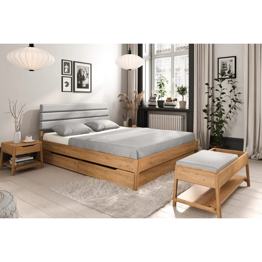 Lit bois tiroir tête de lit capitonée gris clair collection TWIST