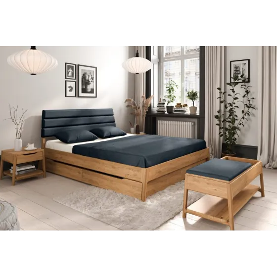 Lit bois tiroir tête de lit capitonée bleu collection TWIST