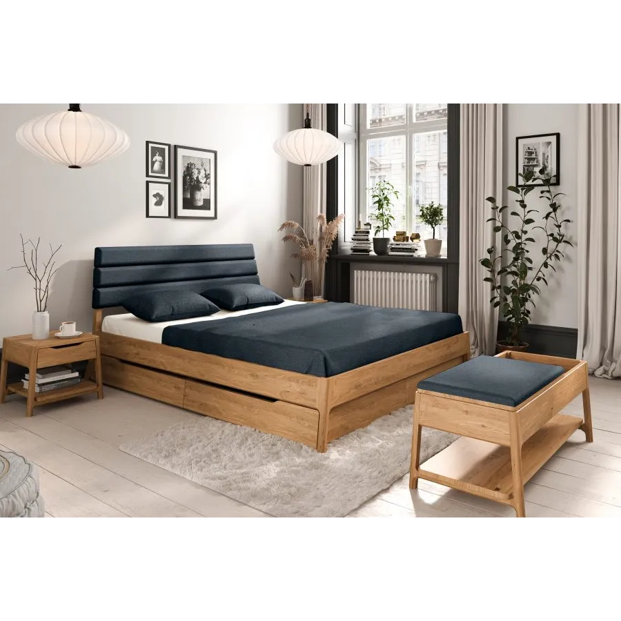 Lit bois tiroir tête de lit capitonée bleu collection TWIST
