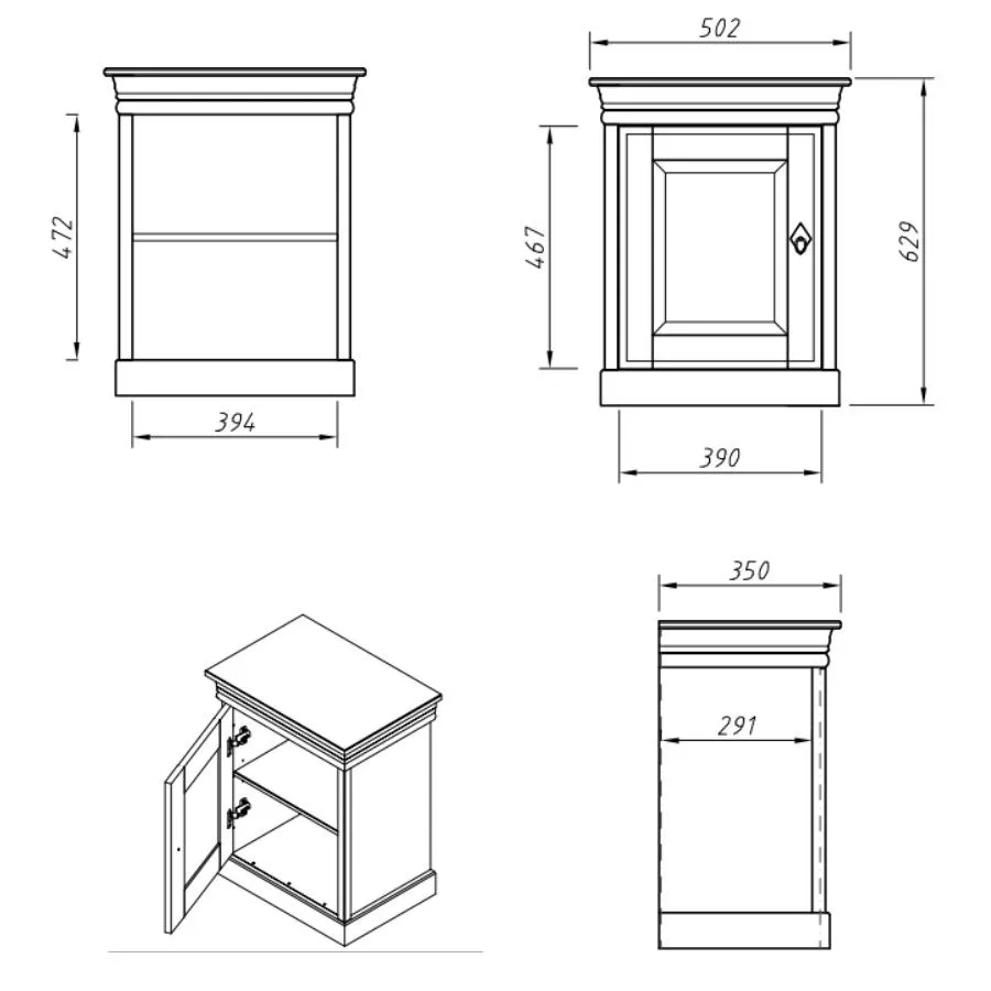 Dimensions table de chevet bois collection Toscana