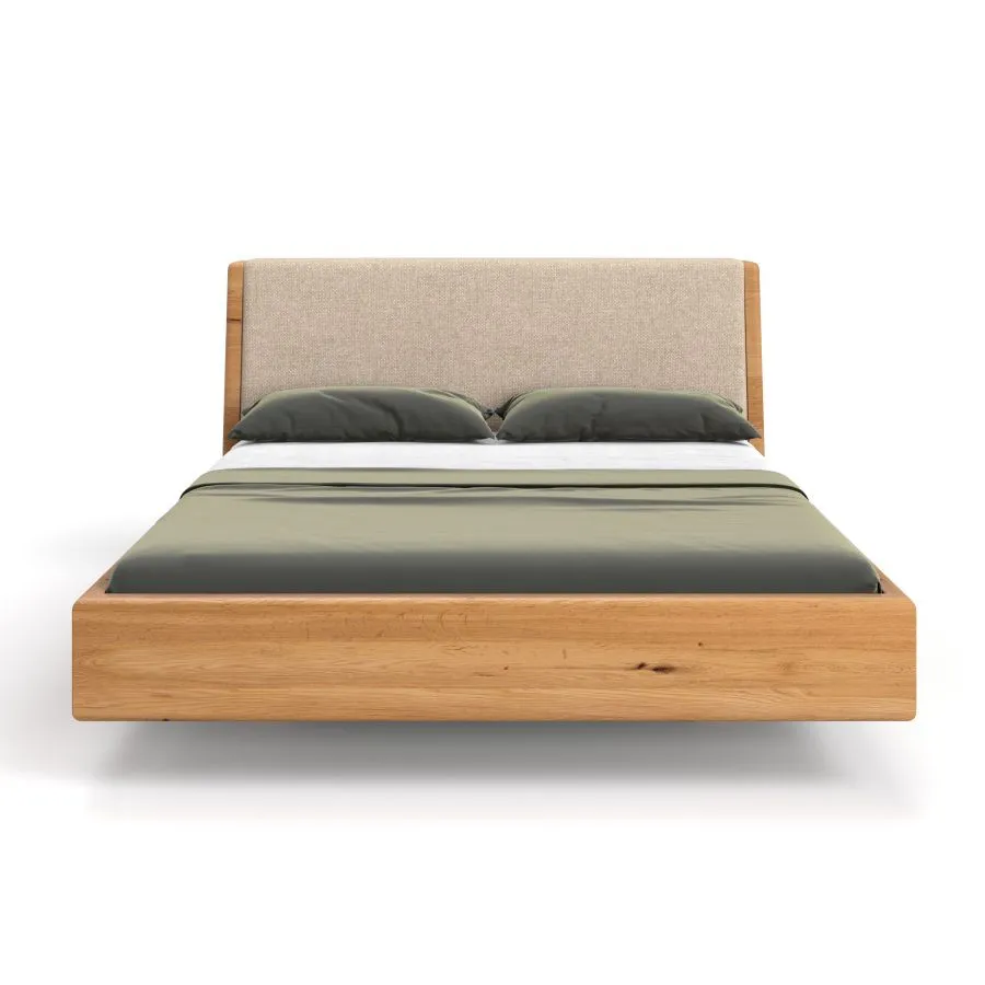 Lit moderne bois massif tête de lit tissu beige collection Lugo