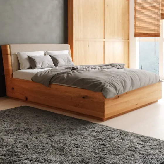 Lit coffre bois tête de lit design coloris beige collection Lugo