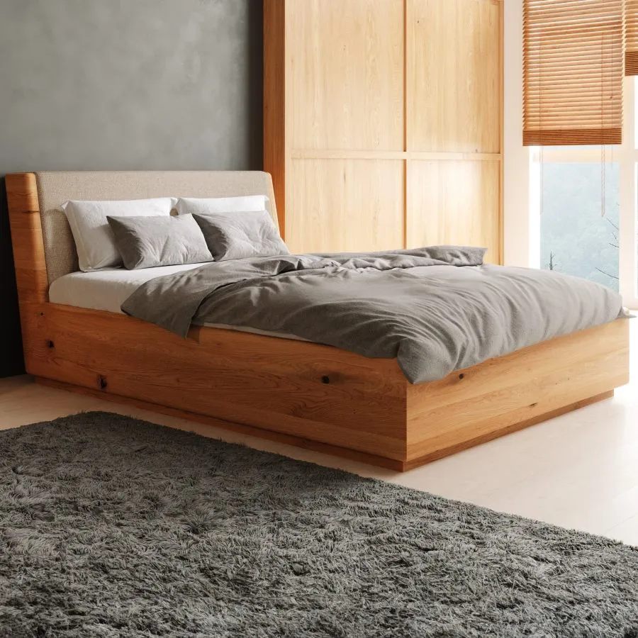 Lit coffre bois tête de lit design coloris beige collection Lugo