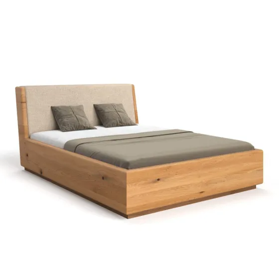Lit coffre bois tête de lit matelassée beige design collection Lugo
