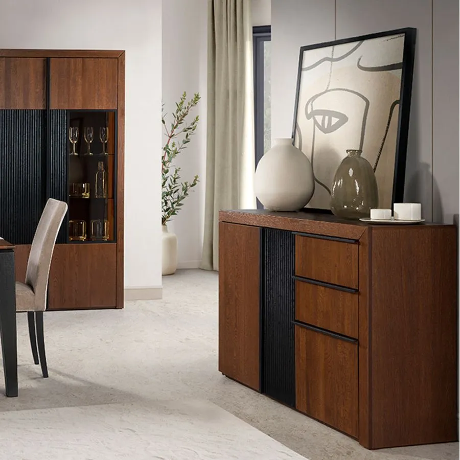Buffet chêne foncé 2 portes 3 tiroirs collection Milano