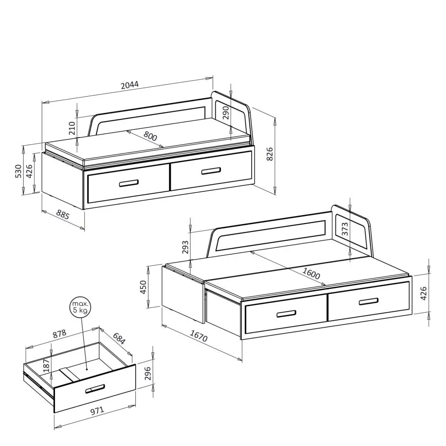 lit gigogne en pin blanc 90x200 collection TOM