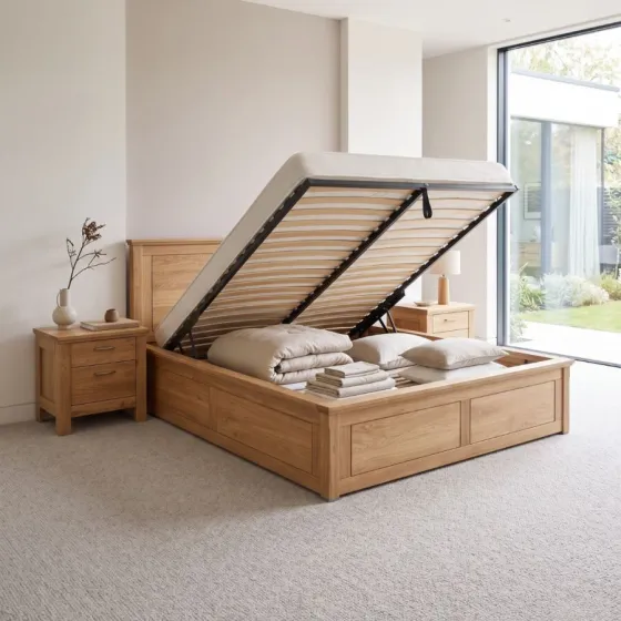 Lit coffre bois chêne massif 160x200 collection ROMA
