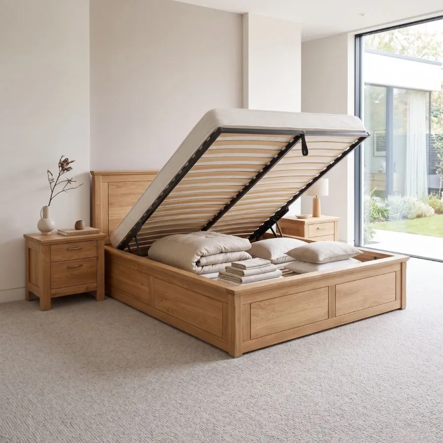 Lit coffre bois chêne massif 160x200 collection ROMA