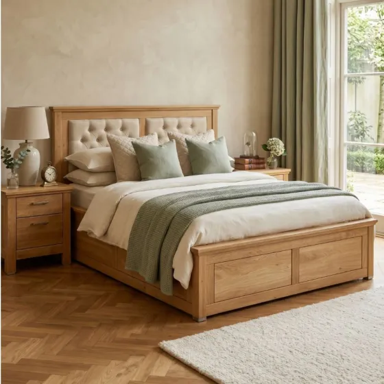 Lit coffre bois tissu ecru collection ROMA