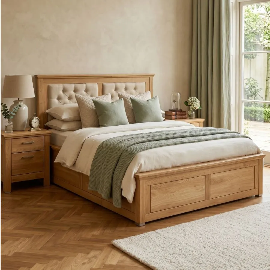 Lit coffre bois tissu ecru collection ROMA