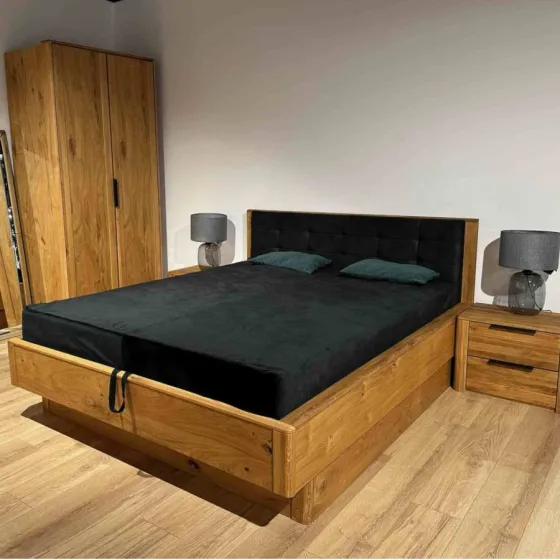 Lit coffre 160x200 bois chêne tête de lit capitonnée VERONA