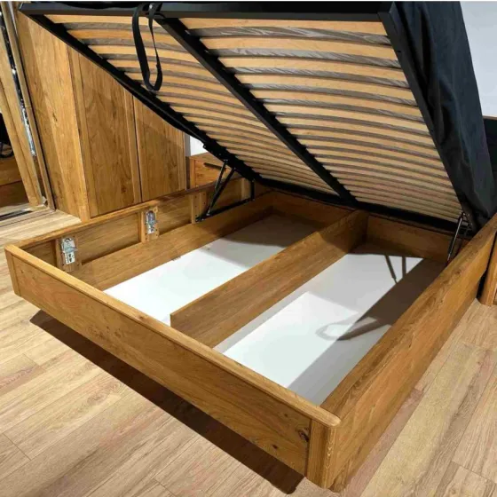 Lit coffre 160x200 bois chêne tête de lit capitonnée VERONA