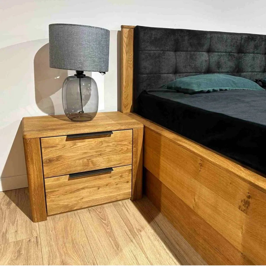 Lit coffre 160x200 bois chêne tête de lit capitonnée VERONA